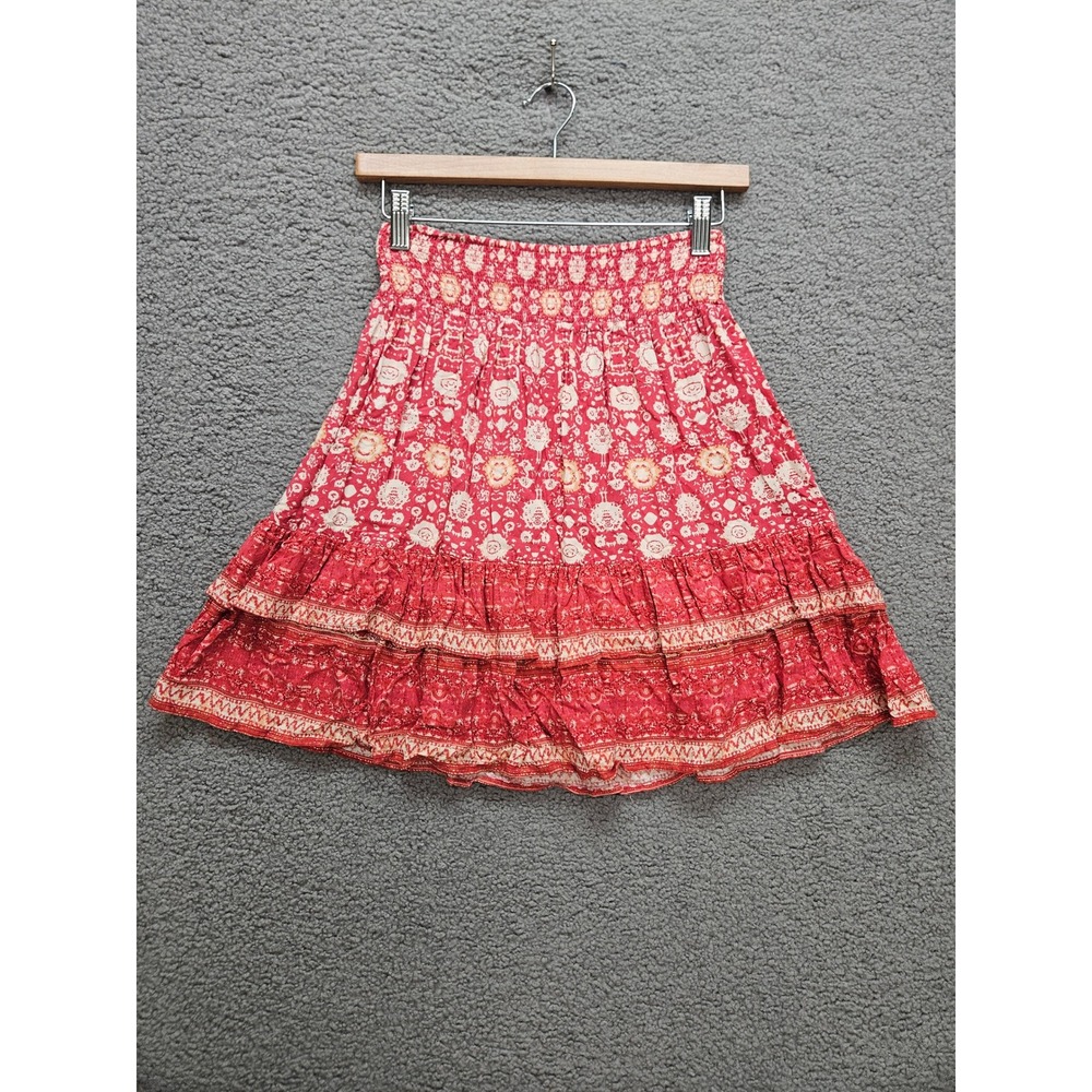 Cynthia Rowley Tiered Mini Skirt XS Red Boho Smocked Waist Ruffle Rayon